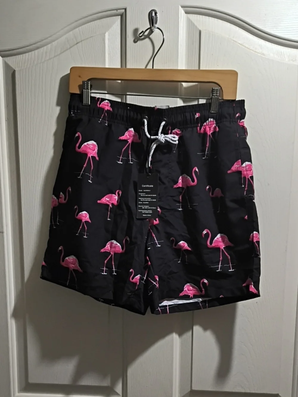 Men's Black Swim Shorts with Pink Flamingo Print